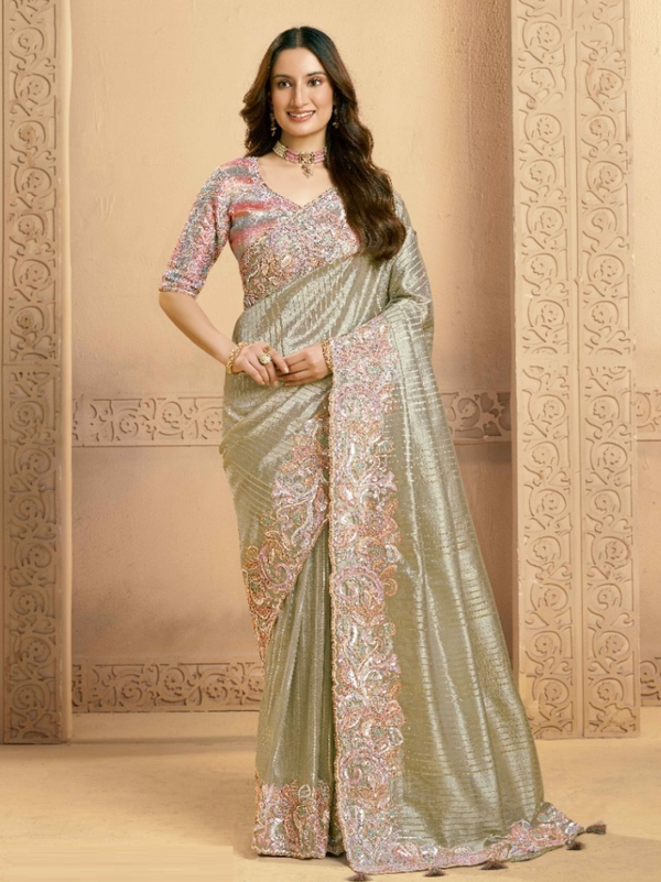 Stepnshop Zari Silk Saree with Sequin, Embroidery Work