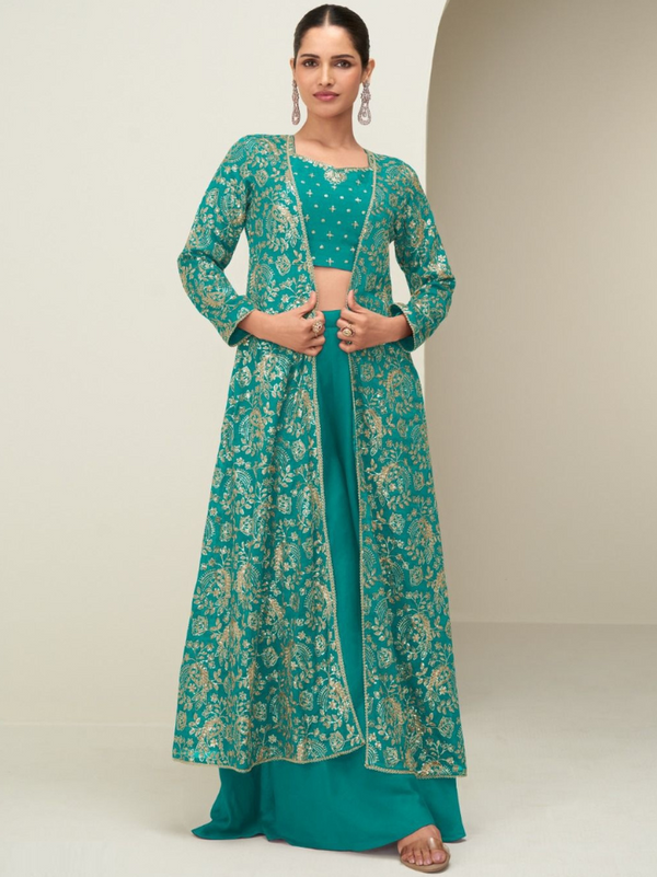 Stepnshop Chinon Silk Indo-Western Set with Embroidery Work