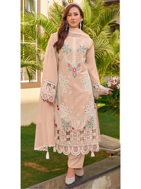 Cambric Embroidered Cotton Suit with Organza Dupatta