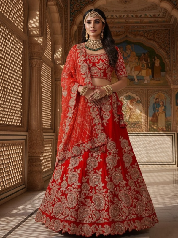 Stepnshop Bridal Velvet Lehenga with Zari, Thread Work