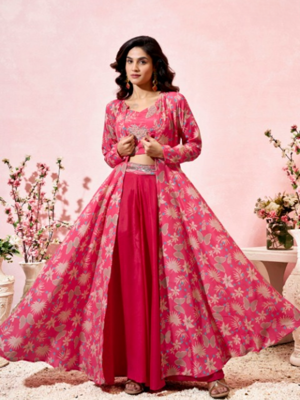 Women's Crepe Co-ord Set with Hand Work – Crop Top, Palazzo & Shrug