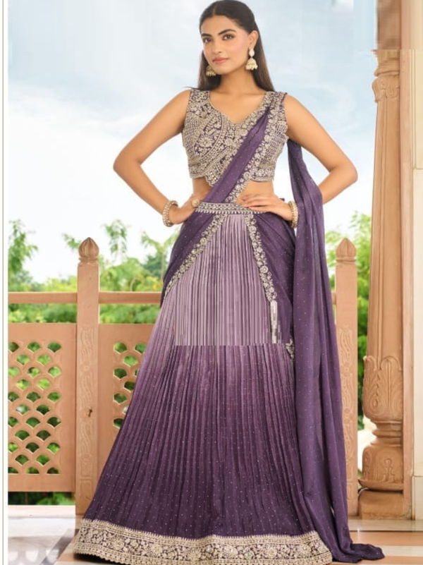 Stepnshop Silk Lehenga with Bead and Mirror Embroidery Work