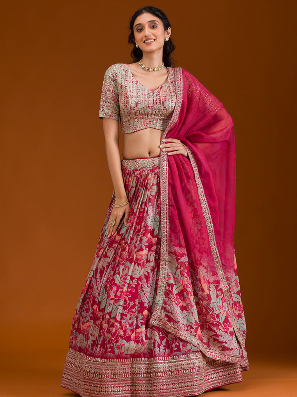 Stepnshop Organza Lehenga Set with Sequins, Zari & Print Work