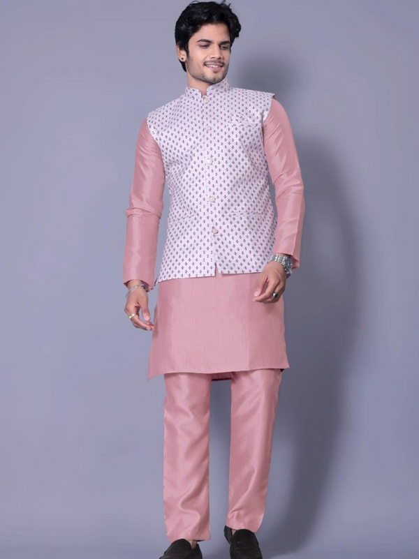 Men's Cotton Kurta Set with Jacquard Koti