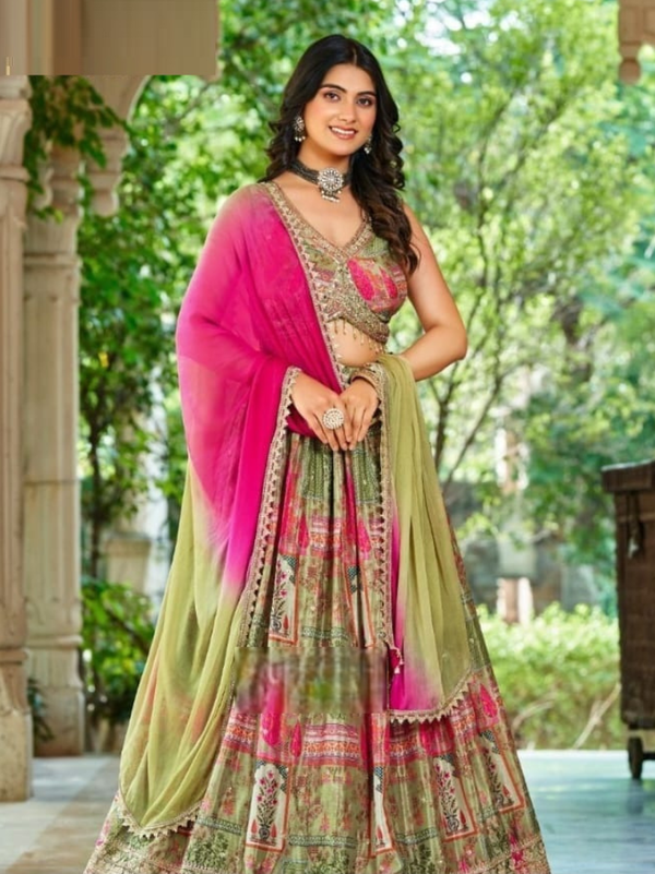 Stepnshop Silk Lehenga with Print and Mirror Embroidery Work