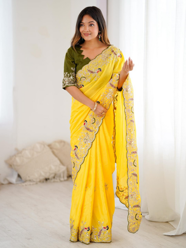 Steopnshop Elegant Haldi Function Saree in Chinon Silk with Thread Work