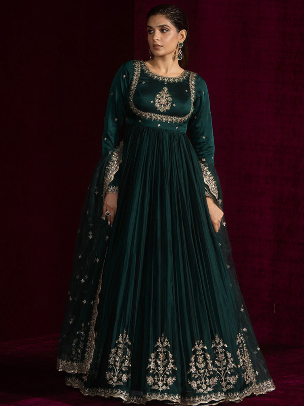 Stepnshop Elegant Satin Anarkali Ensemble with Net Dupatta