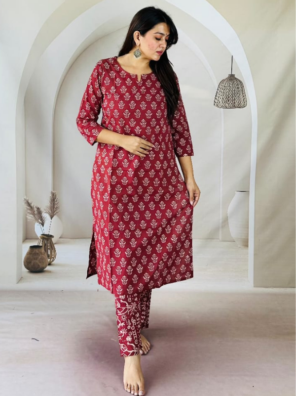 Stepnshop Cotton Kurta Set with Classic Block Print Work