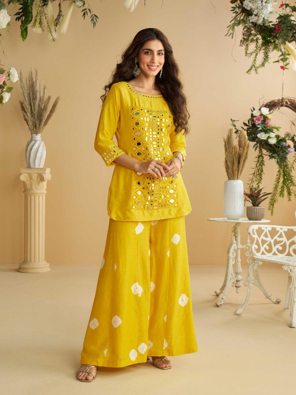 Stepnshop Silk Co-Ord Set with Embroidery & Mirror Work