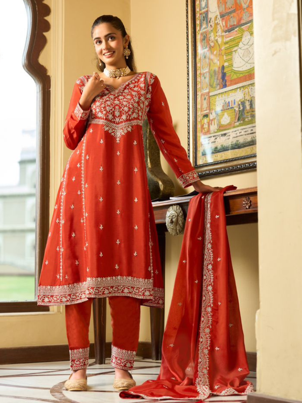 Stepnshop Chinon Silk Anarkali Suit with Mirror Work
