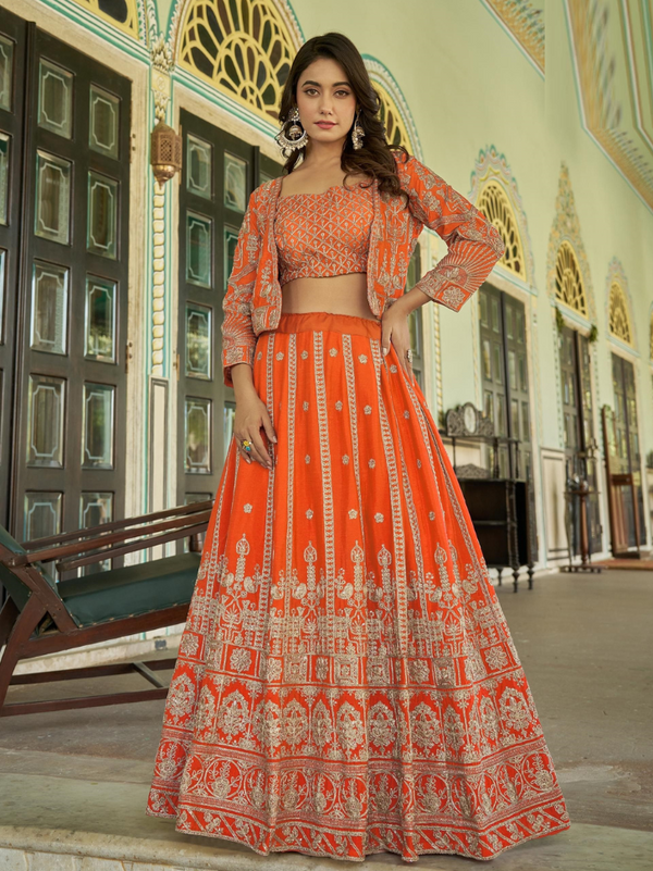 Stepnshop Embroidered Chinon Lehenga with Matching Koti & Blouse