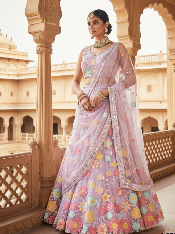 Stepnshop Net Lehenga with Sequins & Embroidery Work