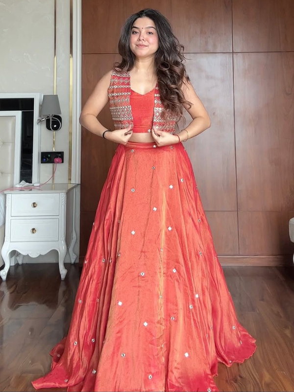 Stepnshop Shimmer Silk Indo Western Lehenga with Thread Work