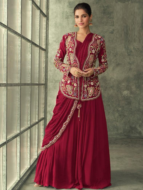 Stepnshop Georgette Indo-Western Gown with Embroidery Work