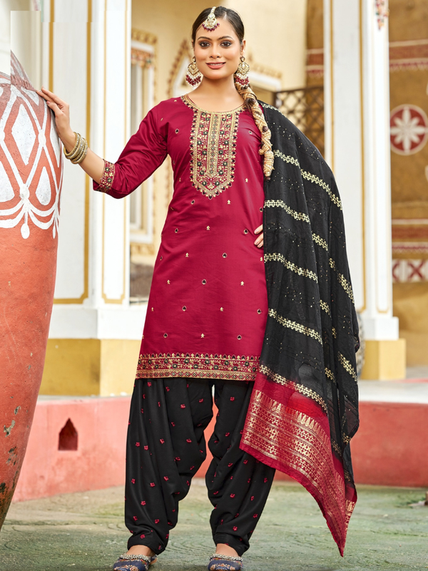 Stepnshop Silk Suit Set with Sequence & Embroidery Butti Work