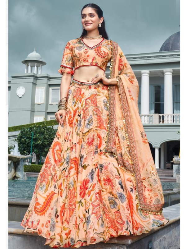 Stepnshop Silk Lehenga Set with Print and Mirror Work