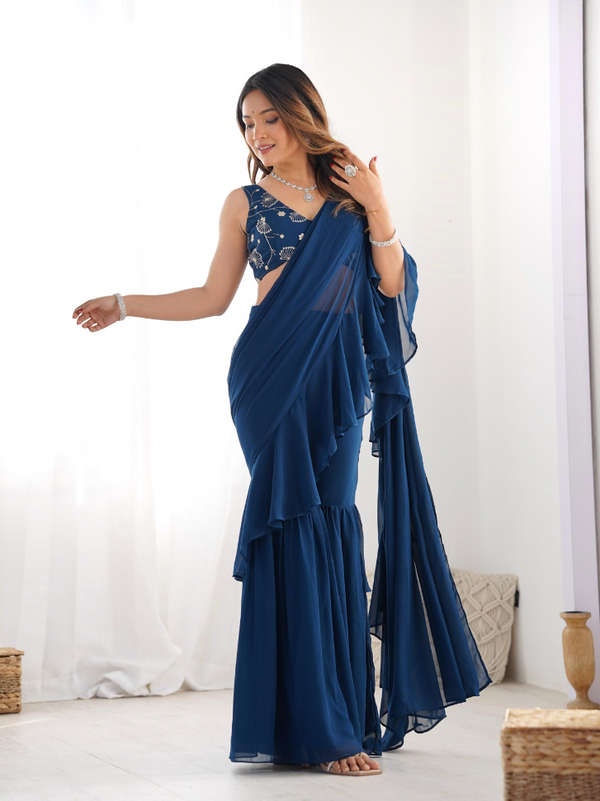 Georgette Ready Draped Saree with Sequins & Jari Work Blouse