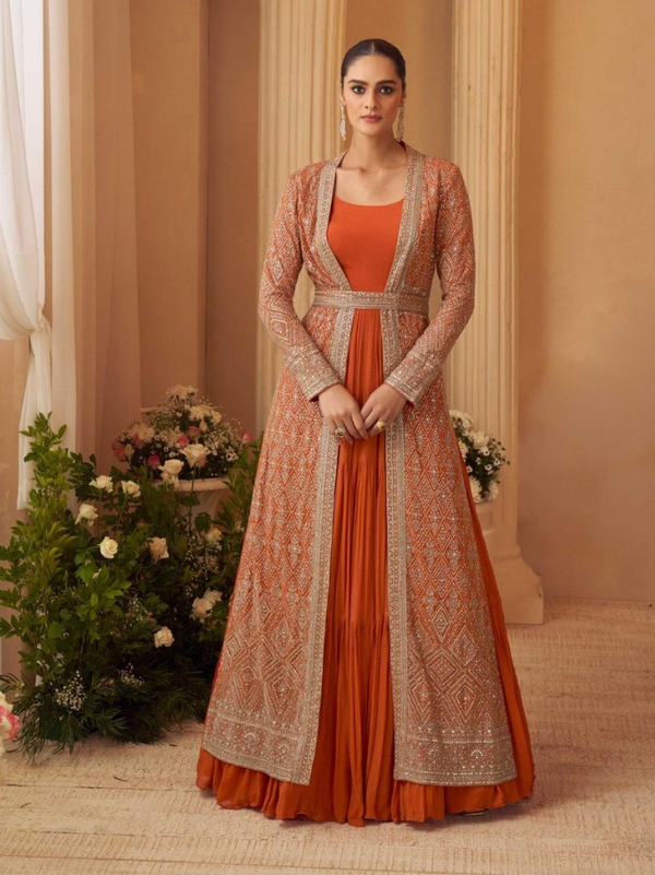Stepnshop Chinon Silk Indo Western Gown Set with Embroidery Work