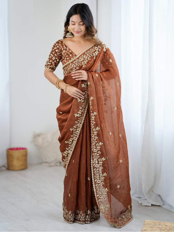Stepnshop Chiffon Silk Saree with Sequence and Zari Work