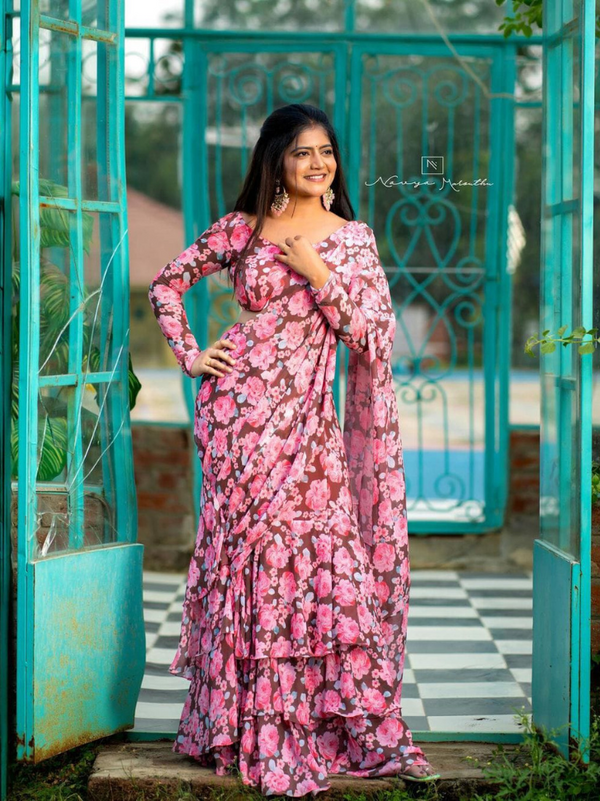 Georgette Printed Ruffle Pre draped Saree