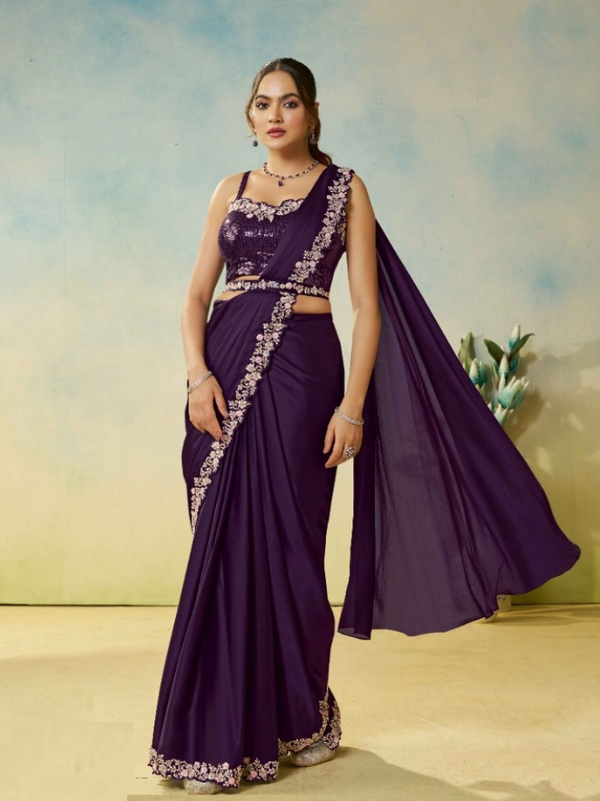 Ready-to-Wear Satin Silk Saree with Embroidered & Stone Work Blouse