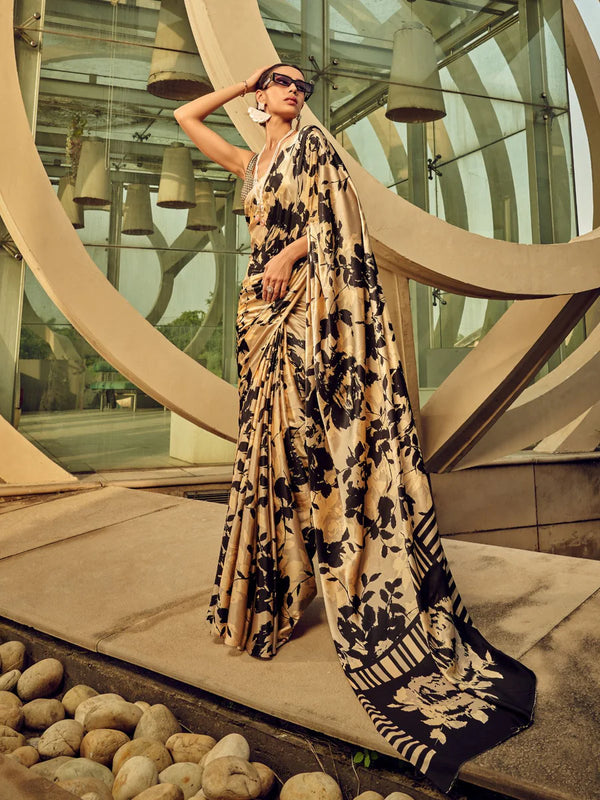 Gold Satin Digital Printed Sari