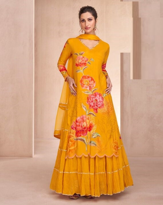 Woman Yellow Yellow Muslin Printed Lehenga Suit