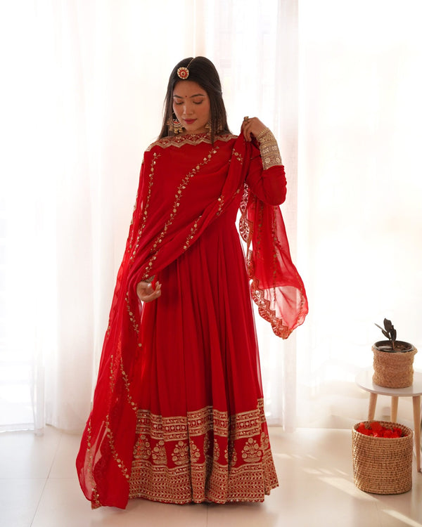 Simple Red Anarkali Suit with Sequins, Zari Dupatta in Georgette