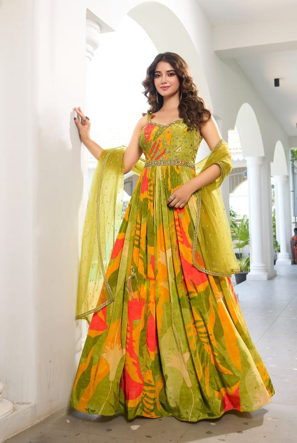 Women's Lime Green Floral Printed Trendy Gown Diwali Festival