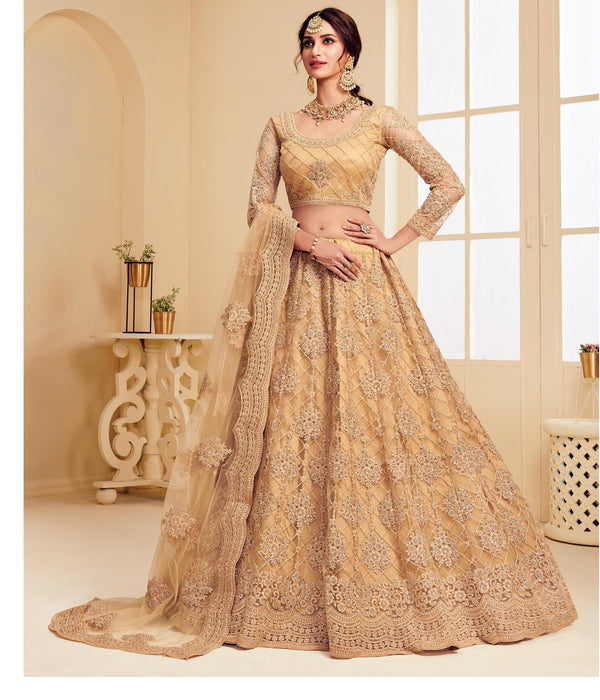 Golden Bridal Lehenga with Dupatta in Net