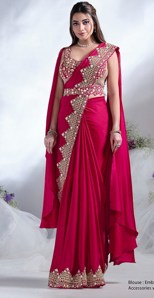 Red Satin Silk Crushed Sequin Ready Made Sari