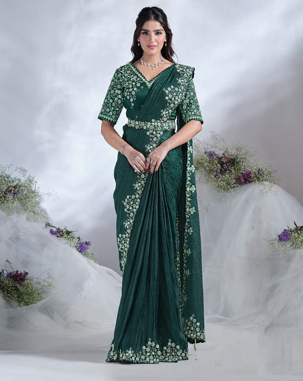 Green Satin Silk  Crushed Sequin Ready Made Sari