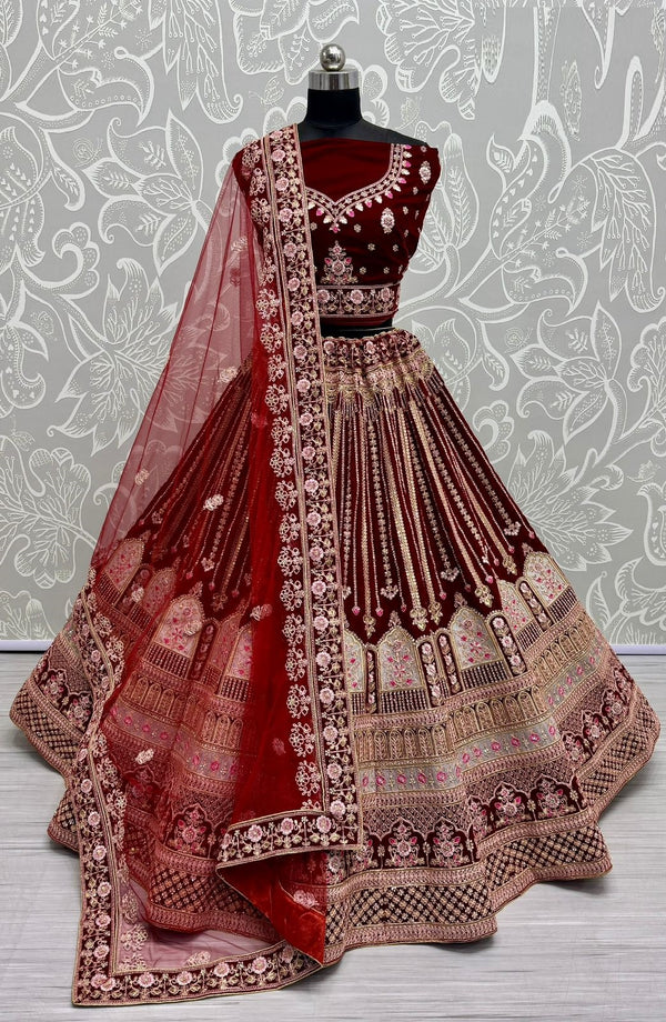 Maroon Thread Work Velvet Bridal Lehenga Choli