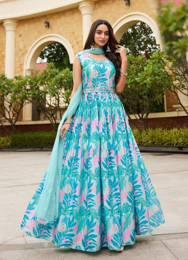 Women's Sky blue Floral Printed Trendy Gown Diwali Festival