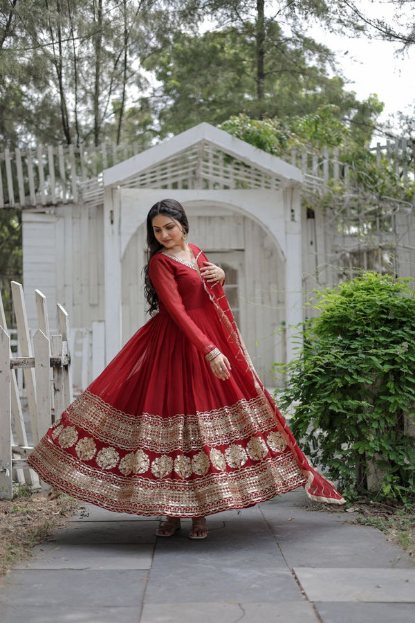 Red Georgette Anarkali Gown Suit Set