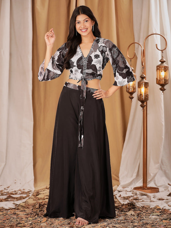 Indowestern Black Crop Top Palazzo with Cowl Sleeves