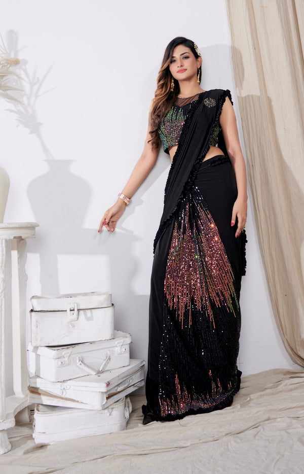 Pre Draped Quick Wear Lycra Embroidered Designer Saree