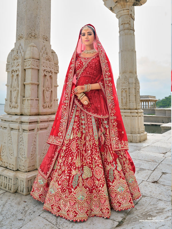 Cherry Red Silk Dabka Embroidered Bridal Wear Lehenga