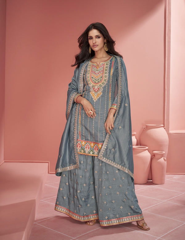 Organza Silk Steel Grey Embroidered Designer Palazzo Suit