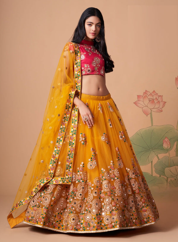 Yellow Net and Red Dori Sequins Combination Lehenga