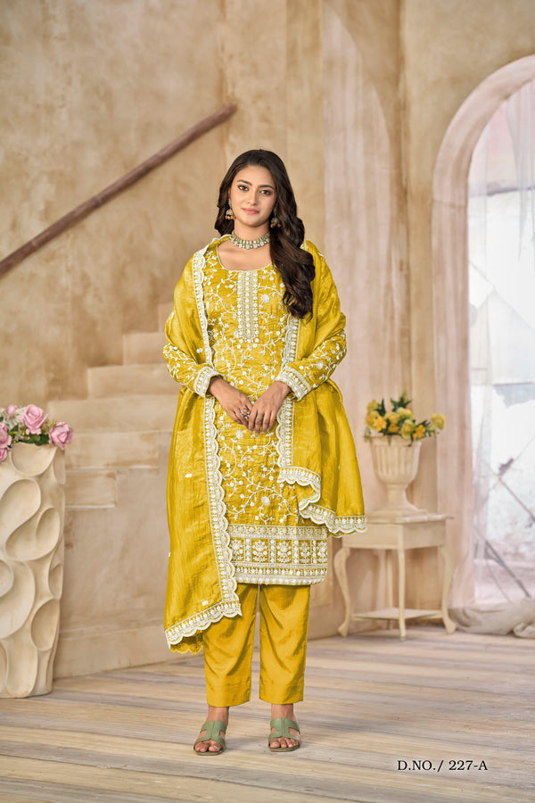 Haldi Special Organza Suit Set with Embroidery Work