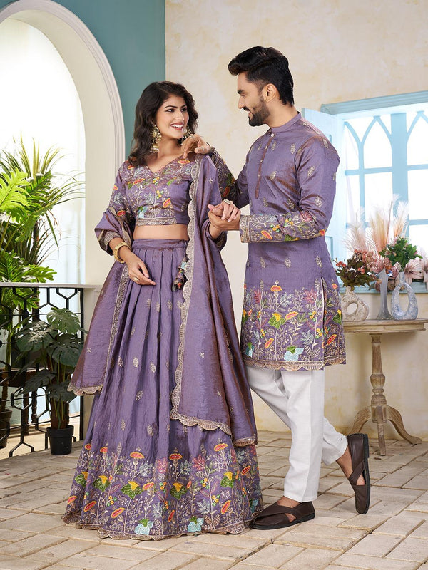 Couple Ethnic Combo – Soft Silk Lehenga & Matching Men's Kurta Set