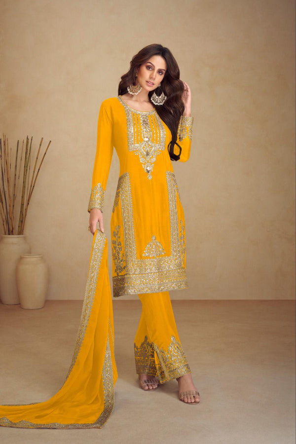 Traditional Chinon Embroidered Suit Set with Dupatta