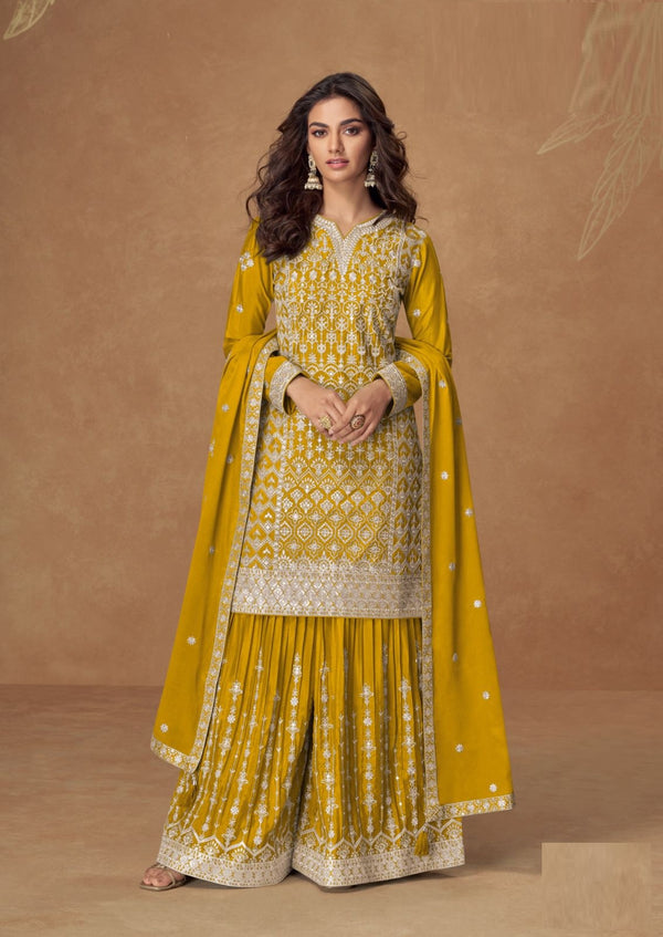 Haldi Wear Chinon Silk Sharara Suit with Embroidery
