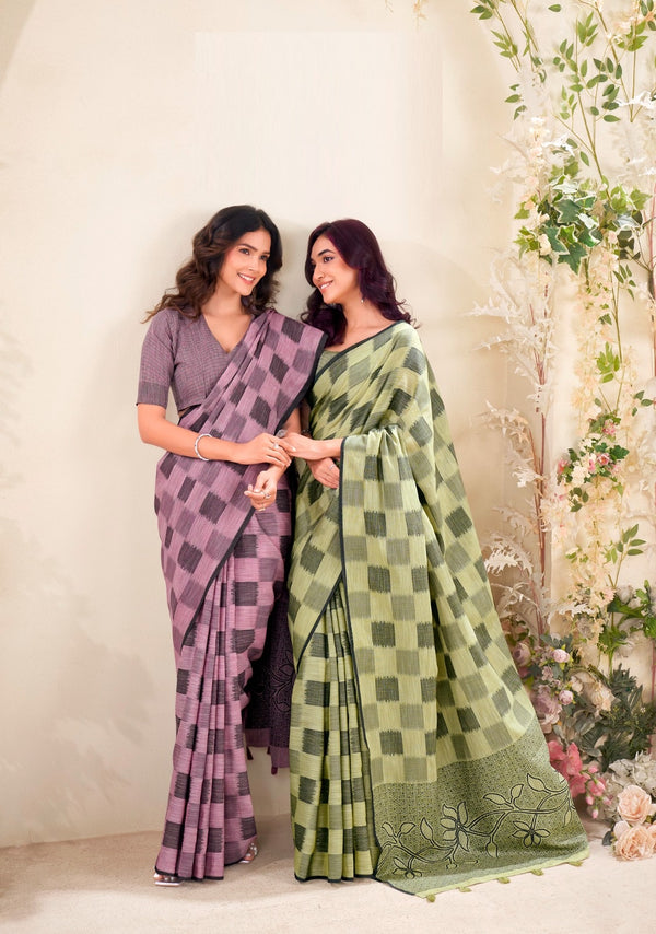 Stepnshop Elegant Linen Silk Saree & Blouse Set with Print Work