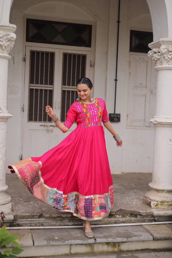 Stepnshop Traditional Navratri Gown with Multicolor Thread & Mirror Work