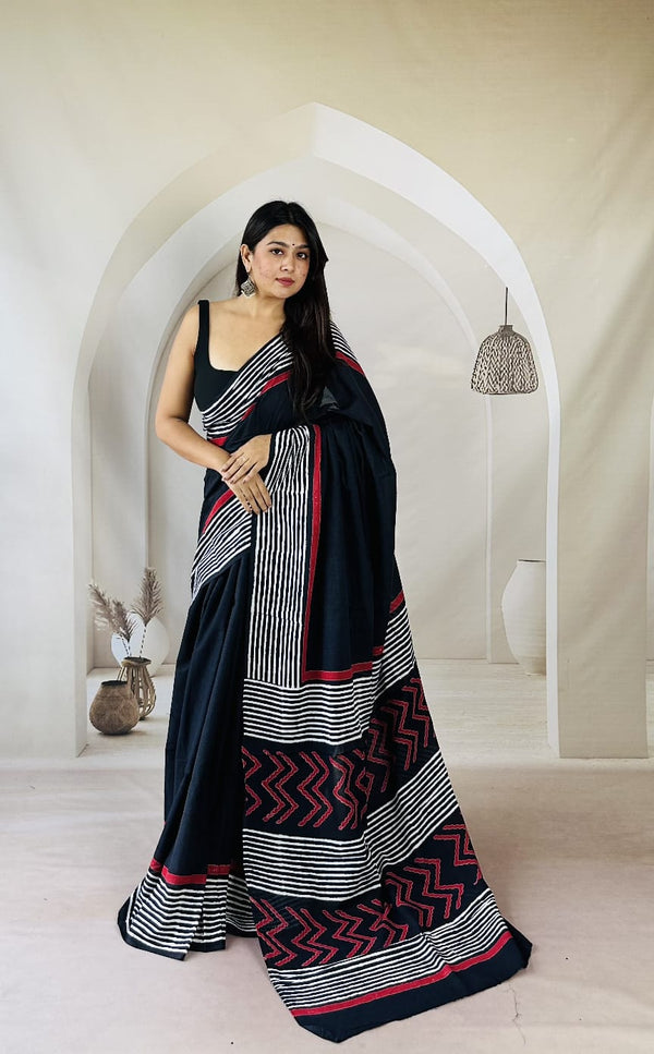 Stepnshop Cotton Saree with Classic Block Print Work