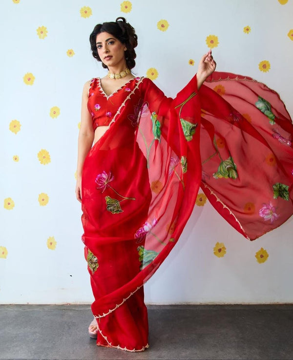 Beautiful Soft Teby Silk Digital Printed Red Saree
