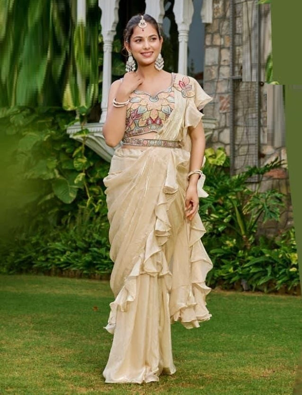 Stepnshop New Party Wear Embellished Tissue Drape Saree