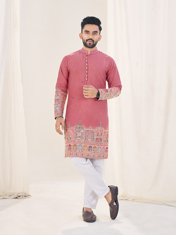 Stepnshop Men’s Star Georgette & Silk Embroidery Work Party Wear Kurta Pajama
